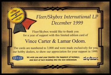 1999 Fleer Skybox Dunkography NNO2 Certificate of Authenticity